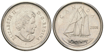 Канада 10 центов 2006 P, Елизавета II (1952-2022), парусник KM 492 сталь плакированный никелем UNC 4381-968