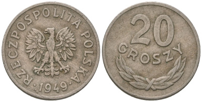 Польша 20 грошей 1949 KM 43а, Parchimowicz 207b алюминий 187-1254