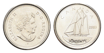 Канада 10 центов 2003 P, Елизавета II (1952-2022), парусник KM 492 сталь плакированная никелем UNC 4705-663