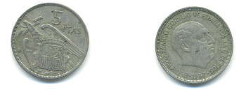 Испания 5 песет 1957 (67) Франсиско Франко (1939-1975) KM 786 медно-никель 83-244