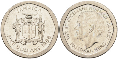 ЯМАЙКА 5 ДОЛЛАРОВ 1995 НОРМАН МЭНЛИ KM 163 сталь 4592-237