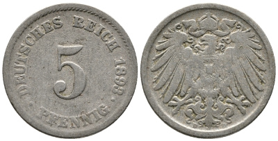 ГЕРМАНИЯ 5 ПФЕННИГОВ 1893 D KM 11, J. 12 медно-никель 39-651