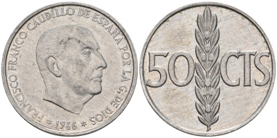 Испания 50 сентимо 1966 (73) Франсиско Франко (1939-1975) KM 795 алюминий 4398-757