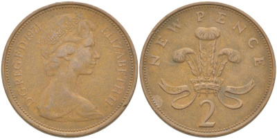 Великобритания 2 пенса 1971 Елизавета II (1952-2022) KM 916, Spink 4235 (C1) бронза 77-454