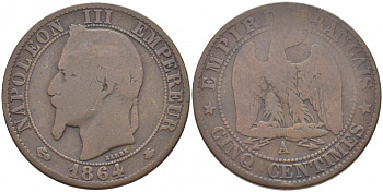 ФРАНЦИЯ 5 САНТИМОВ 1864 A, НАПОЛЕОН III (1852-1870) KM 797.1, LE FRANC 117.11 бронза 4448-132