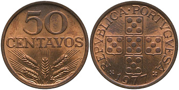 ПОРТУГАЛИЯ 50 СЕНТАВО 1977 KM 596 бронза UNC 181-346