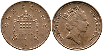 Великобритания 1 пенни 1997 Елизавета II (1952-2022) KM 935a, Spink 4391 (B4) сталь плакированная медью 4387-658