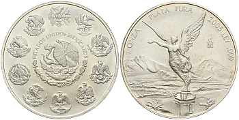 Мексика 1 онза 2005 Mo, серебряная инвестиционная монета "Свобода" KM 639 серебро    1080-10-24