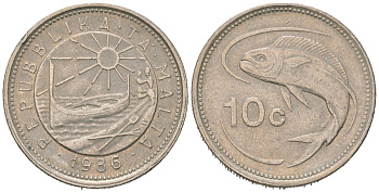 Мальта 10 центов 1986 золотая макрель KM 76 медно-никель 192-1241