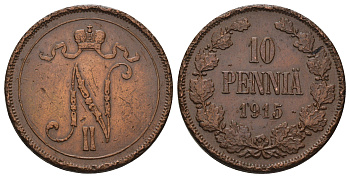 Россия для Финляндии 10 пенни 1915 Николай II (1894-1917) Биткин 438 медь 4590-1026