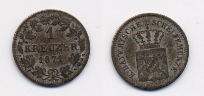 Бавария 1 крейцер 1871 Людвиг II (1864-1886) KM 487 серебро 71-1549