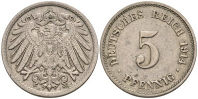 Германия 5 пфеннигов 1914 J KM 11, J.12 медно-никель 4567-1029
