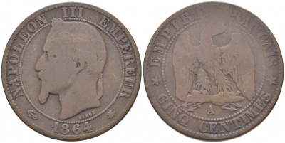 ФРАНЦИЯ 5 САНТИМОВ 1864 A, НАПОЛЕОН III (1852-1870) KM 797.1, LE FRANC 117.11 бронза 4448-132
