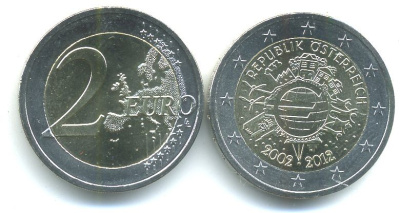 Австрия 2 евро 2012 10 лет монетарной политике и наличному евро KM 3205 биметалл UNC M4-17