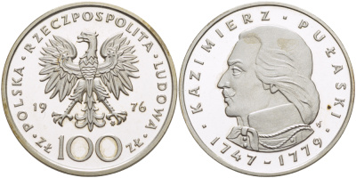 Польша 100 злотых 1976 MW, Казимир Пулавский (1747-1779) KM 84, Parchimowicz 275 серебро PROOF 1084-10-73