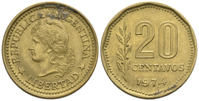 Аргентина 20 сентаво 1974 голова свободы влево KM 67, CJ 340.2, Schon 67 алюминиевая бронза    4609-1226