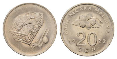 Малайзия 20 сенов 1993 KM 52 медно-никель UNC 24-657