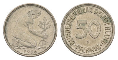 ФРГ 50 пфеннигов 1966 D KM 109.1, J. 384 медно-никель 4636-1032