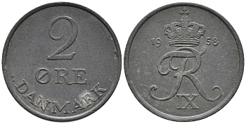 ДАНИЯ 2 ЭРЕ 1958 C; S, ФРЕДЕРИК IX (1947-1972) KM 840.2 цинк 67-154