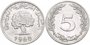 ТУНИС 5 МИЛЛИМОВ 1960 ПЕРВЫЙ ГОД KM 282 алюминий 4541-353