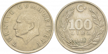 ТУРЦИЯ 100 ЛИР 1988 KM 967 медь никель цинк 4403-134