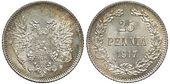 Россия для Финляндии 25 пенни 1917 S, временное правительство, без короны KM 19, Биткин 2 серебро 75-1445