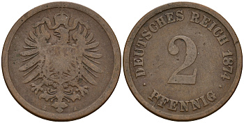 Германия 2 пфеннига 1874 A J.2  KM 2 медь    4598-567