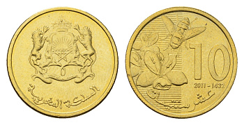 Марокко 10 сантимов 2011 Y 136 сталь плакированная латунью UNC 4588-1247