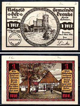 Дренке (Пруссия, Вестфалия) 1 марка 1921
 Mehl Grabowski 287.1 бумага UNC (пресс) 7555-55-3-1