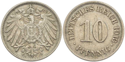ГЕРМАНИЯ 10 ПФЕННИГОВ 1913 F KM 12, J. 13 медно-никель 210-714