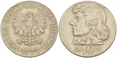 ПОЛЬША 10 ЗЛОТЫХ 1971 MW, ТАДЕУШ КОСТЮШКО KM 50a медно-никель 4403-622