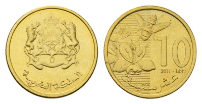 Марокко 10 сантимов 2011 Y 136 сталь плакированная латунью UNC 4588-1247