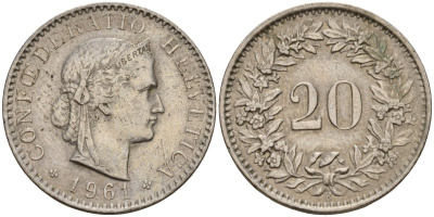 Швейцария 20 раппенов 1961 B KM 29a медно-никель 4187-551