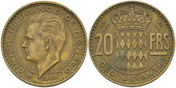 Монако 20 франков 1950 Ренье III (1949-2005) KM 131 алюминиевая бронза 4544-821