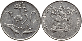 ЮАР 50 центов 1988 Зантедеския Эллиота (калла), герб KM 87 никель 4394-1241