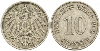 ГЕРМАНИЯ 10 ПФЕННИГОВ 1912 E KM 12, J. 13 медно-никель 4539-1013