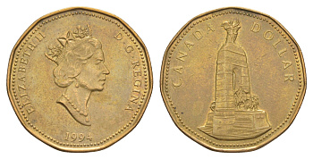 Канада 1 доллар 1994 Национальный мемориал KM 248 никель плакированный позолоченной бронзой 4637-957