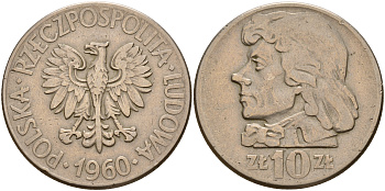 Польша 10 злотых 1960 MW, Тадеуш Костюшко (1746-1817) KM 50 медно-никель    4157-841