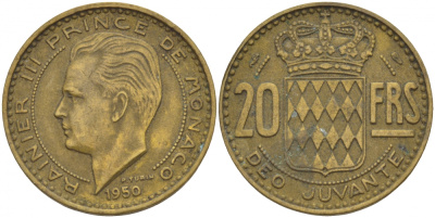 Монако 20 франков 1950 Ренье III (1949-2005) KM 131 алюминиевая бронза 4544-821