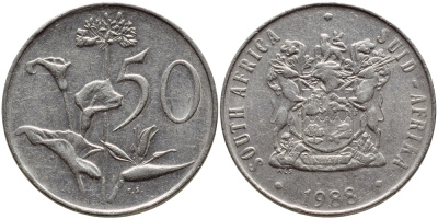 ЮАР 50 центов 1988 Зантедеския Эллиота (калла), герб KM 87 никель 4394-1241