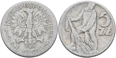 Польша 5 злотых 1959 MW, рыбак KM 47 алюминий 4572-714