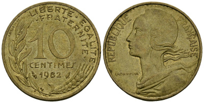 Франция 10 сантимов 1982 тип Marianne KM 929 алюминиевая бронза 4136-421
