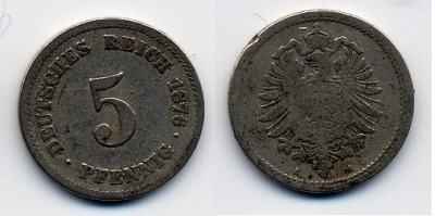 ГЕРМАНИЯ 5 ПФЕННИГОВ 1876 A, СТАРОГЕРБОВКА KM 3, J.3 медно-никель 46-1316