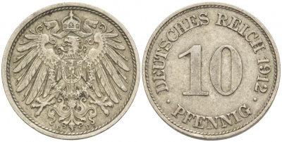 ГЕРМАНИЯ 10 ПФЕННИГОВ 1912 E KM 12, J. 13 медно-никель 4539-1013