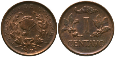 Колумбия 1 сентаво 1971 KM 205a, Schon 25a, Hernandez 336, Restrepo 352 сталь плакированная бронзой 4576-1169