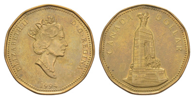 Канада 1 доллар 1994 Национальный мемориал KM 248 никель плакированный позолоченной бронзой 4637-957