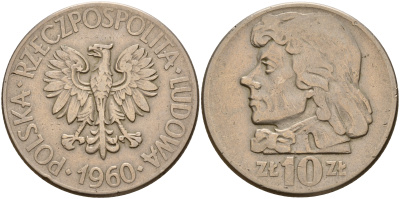 Польша 10 злотых 1960 MW, Тадеуш Костюшко (1746-1817) KM 50 медно-никель    4157-841