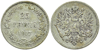 Россия для Финляндии 25 пенни 1907 L, Николай II (1894-1917) KM 6.2, Биткин 415 серебро 57-1113