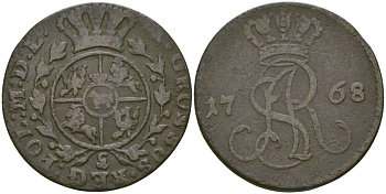 ПОЛЬША 1 ГРОШ 1768 G, SAR МОНОГРАММА KM 177(C38) медь 65-722