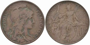 ФРАНЦИЯ 10 САНТИМОВ 1912 ТИП ДАНИЭЛЬ ДЮПЮИ KM 843, LA FRANC 136.22 бронза 109-314